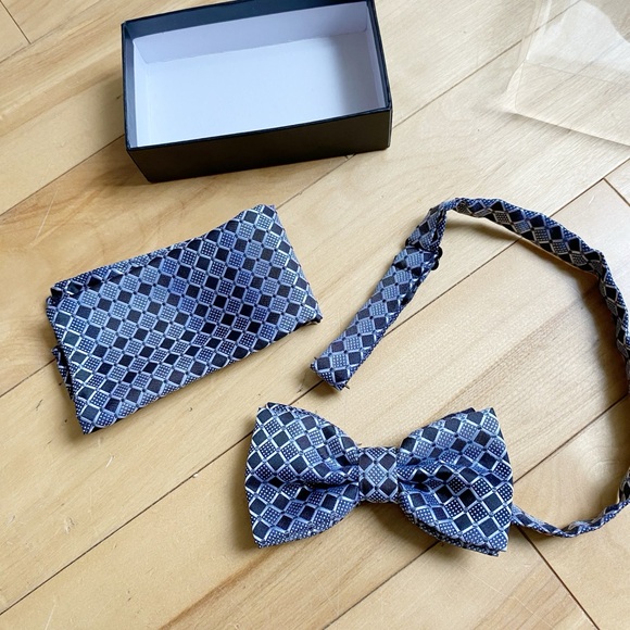 NIB Black, Silver & Grey Bowtie and Pocket Square Set - Picture 4 of 4